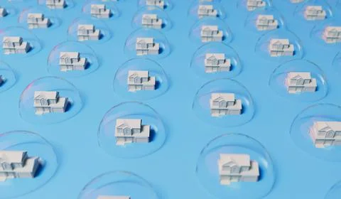 Housing bubble concept. White home in a transparent bubble. Property crisis. 3D Ilustración de archivo
