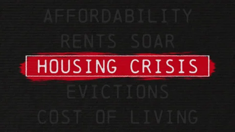 Housing crisis scrolling text sequence with documentary style title animation Stock Footage 332348737