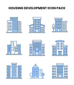 Housing Development Blue Set Icons Pack Stock Illustration