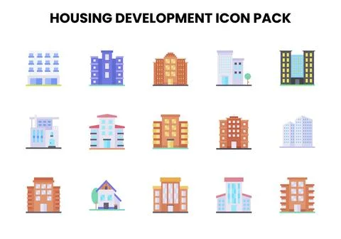 Housing Development Flat Set Icons Pack Stock Illustration