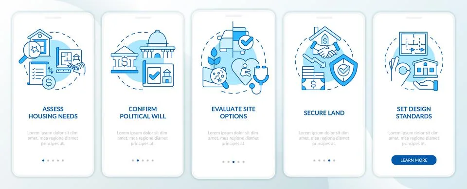 Housing development tips blue onboarding mobile app screen Stock Illustration
