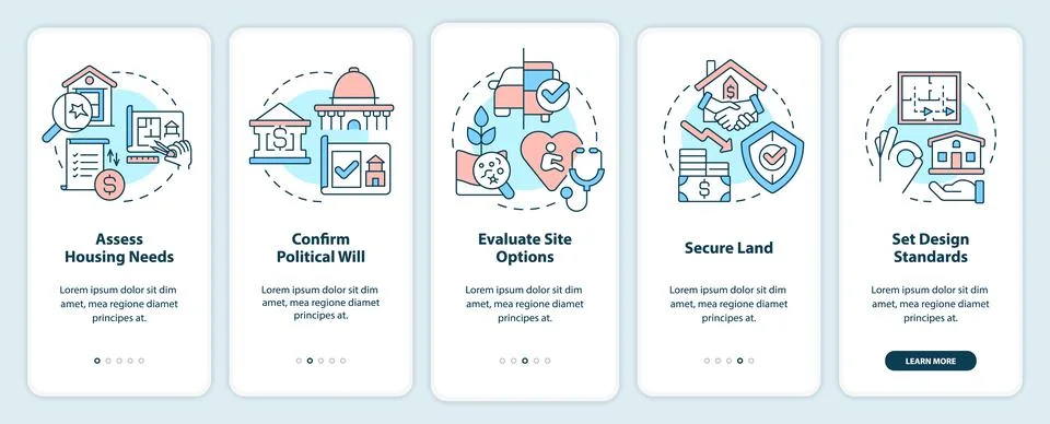 Housing development tips onboarding mobile app screen Stock Illustration