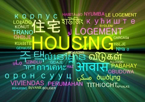 Housing multilanguage wordcloud background concept glowing Stock Illustration