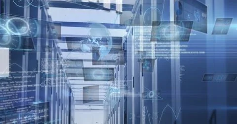 Housing server rack corridor in data center, with LEDs and networking cables, Stock Photos