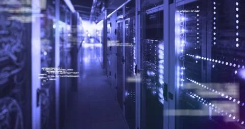 Housing server rack showing network cables in data center corridor, with Stock Photos