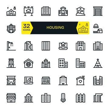 Housing Vector Icon Collection featuring 32 Pixel Optimized 64x64 Bold Line.. 스톡 일러스트