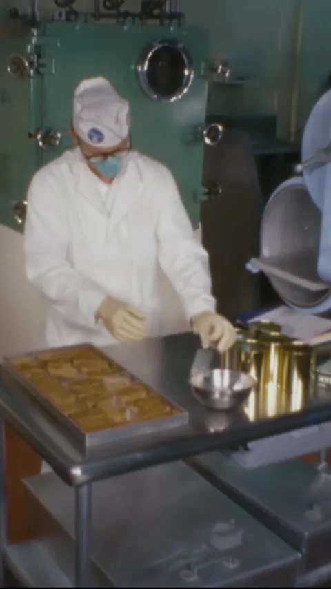 HOUSTON - 1966 - A NASA technician packages space food in individual bags. Stock Footage 342802701
