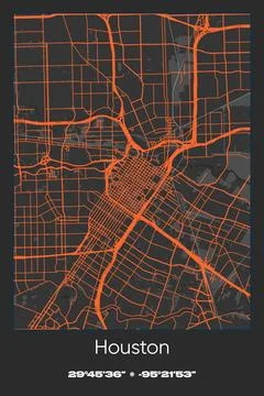 Houston Center, Texas - vector map of city in Gray, Black, Orange colors Stock Illustration