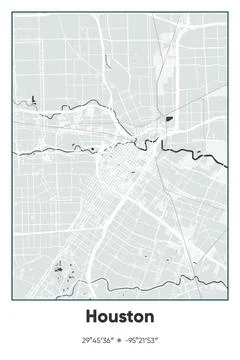 Houston Center, Texas - vector map of city in Gray, Black, White, BW colors Stock Illustration