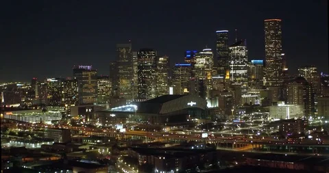 An aerial view of Minute Maid Park and the downtown skyline