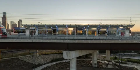 Houston Elevated Metro Rail with Sunset 6K 스톡 동영상 124875600