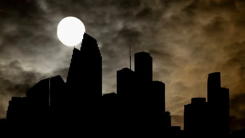 Houston Skyline by Night, Time Lapse with Full Moon, USA Stock Footage 124081327