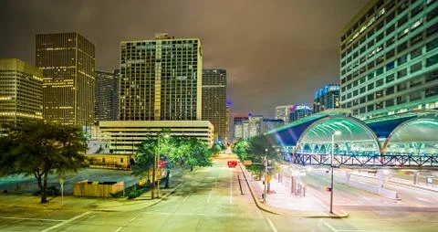 Houston Texas modern skyline at night Stock Photos