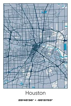 Houston, Texas - vector map of city in Blue, Gray, Yellow, Olive colors Stock Illustration
