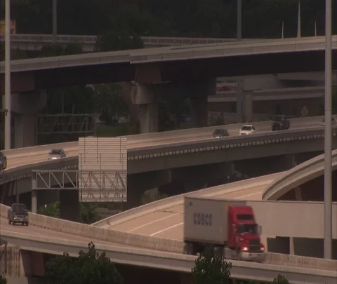 Houston, TX; Traffic on multiple level highway ramps Stock Footage 86697777
