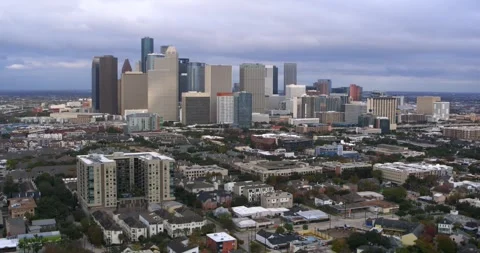Houston Urban Landscape – High Angle Drone Over Downtown &amp; Midtown Stock Footage 297540434