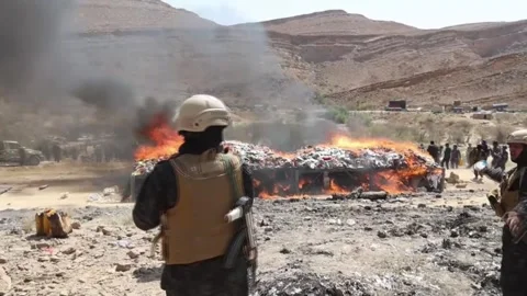 Houthi authorities destroy seized narcotics in Yemen's Saada province, SAADA, YE Stock Footage 337911857