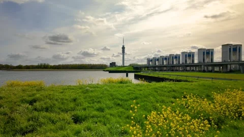 The Houtribsluizen lock complex and bridge, located near Lelystad, Netherland 動画素材 324697986