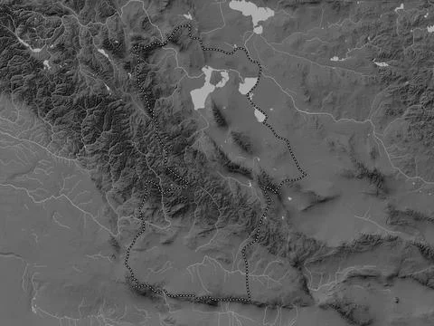 Hovd, Mongolia. Grayscale elevation map with lakes and rivers Stock Illustration