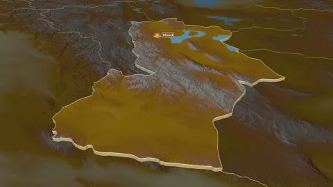 Hovd, Mongolia. Topographic relief map with surface waters Stock Illustration