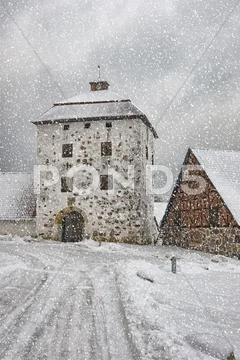 Hovdala Castle Gatehouse in Winter Stock Photos