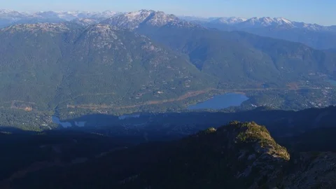 Hover over Mountain Ridge with Valley Lake in the Distance Stock Footage 82325006
