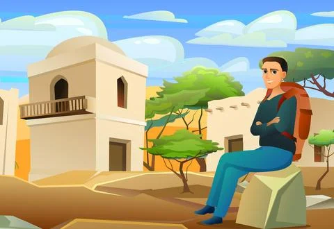 Hover tourist with backpack sits on stone in desert near traditional houses Stock Illustration