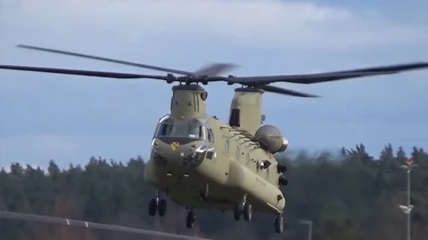 Hover turn with Chinook helicopter for traffic pattern training flight  Video stock 83544318