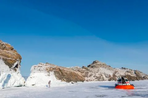 Hovercraft on the lake in winter 스톡 사진