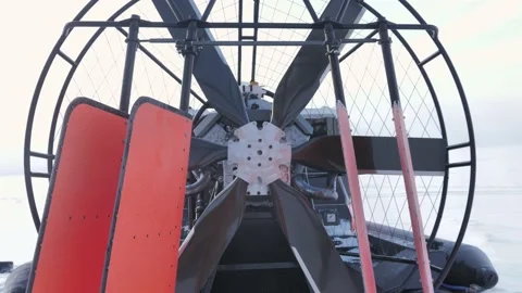 Hovercraft. Rear View on Air Screw Rudder and Engine 4K Stock Footage 232565742