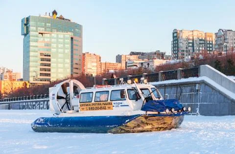 Hovercraft transporter at the Volga embankment in Samara, Russia Stock Photos