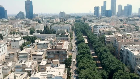 Hover,drones,top view. city, tel aviv Roofs,  avenue of trees in the city 스톡 동영상 125462023
