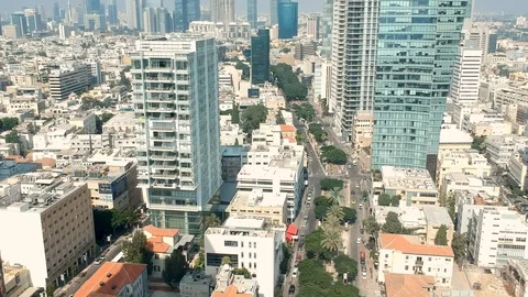 Hover,drones,top view. city, tel aviv Roofs,  avenue of trees in the city 스톡 동영상 125462162