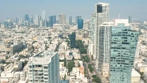 Hover,drones,top view. city, tel aviv Roofs,  avenue of trees in the city 스톡 동영상 125462262