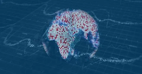 Hovering 3D datapoint globe over grid plane, showing semi-transparent line Stock Photos