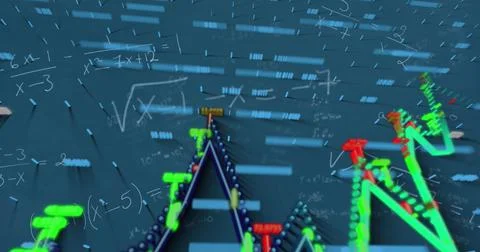 Hovering 3D graph above grid surface at data dashboard, with neon green, red 写真素材