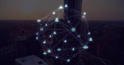 Hovering 3D network sphere glowing above cylindrical skyscraper at dusk, with Ilustração Stock
