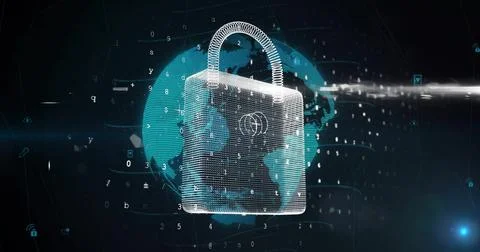Hovering 3D padlock illustrating security in virtual network, with rotating Illustrazione stock