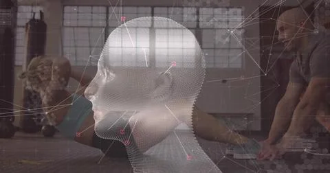Hovering 3D wireframe head analyzing plank exercise in gym, with woman and coach Stockfoto's