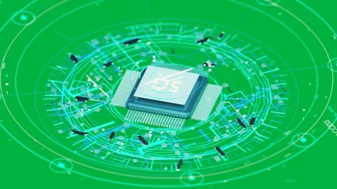 Hovering 5G chip settling onto base on transparent void, building rings, Stock Footage 335780939