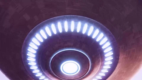 Hovering alien Flying Saucer. Rotating UFO Spaceship with Glowing rays. Stock Footage 344933165