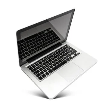 Hovering aluminium laptop with reflection in the screen Stock Photos