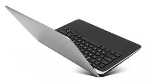 Hovering aluminium  notebook, rear view, isolated on a white Stock Photos