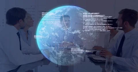 Hovering AR globe projecting code above glass table in boardroom, participants Stockfoto's