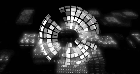 Hovering bands starting spin, rotating mosaic sphere forming, breaking, joining, Stock Footage 330194872
