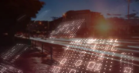 Hovering binary code matrices gliding over street at dusk, with vehicle light Stock Illustration