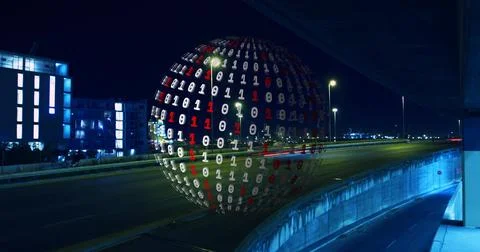 Hovering binary digit sphere glowing above urban highway at night, cars leaving 스톡 사진