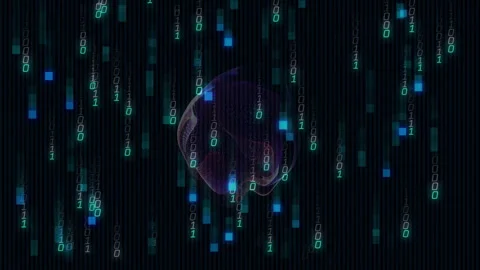 Hovering binary digits starting cascade around rotating purple-pink form, Stock Footage 310972599