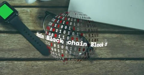 Hovering binary globe forming above glasses on wood desk, showing Blockchain Stock Photos