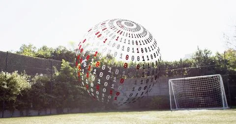 Hovering binary-patterned digital sphere reflecting hedges above small soccer Stock Photos